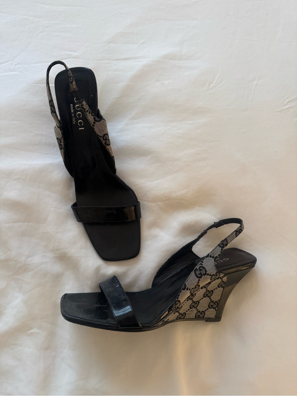 Gucci Black and Beige Canvas Logo Slingback Wedge Sandals